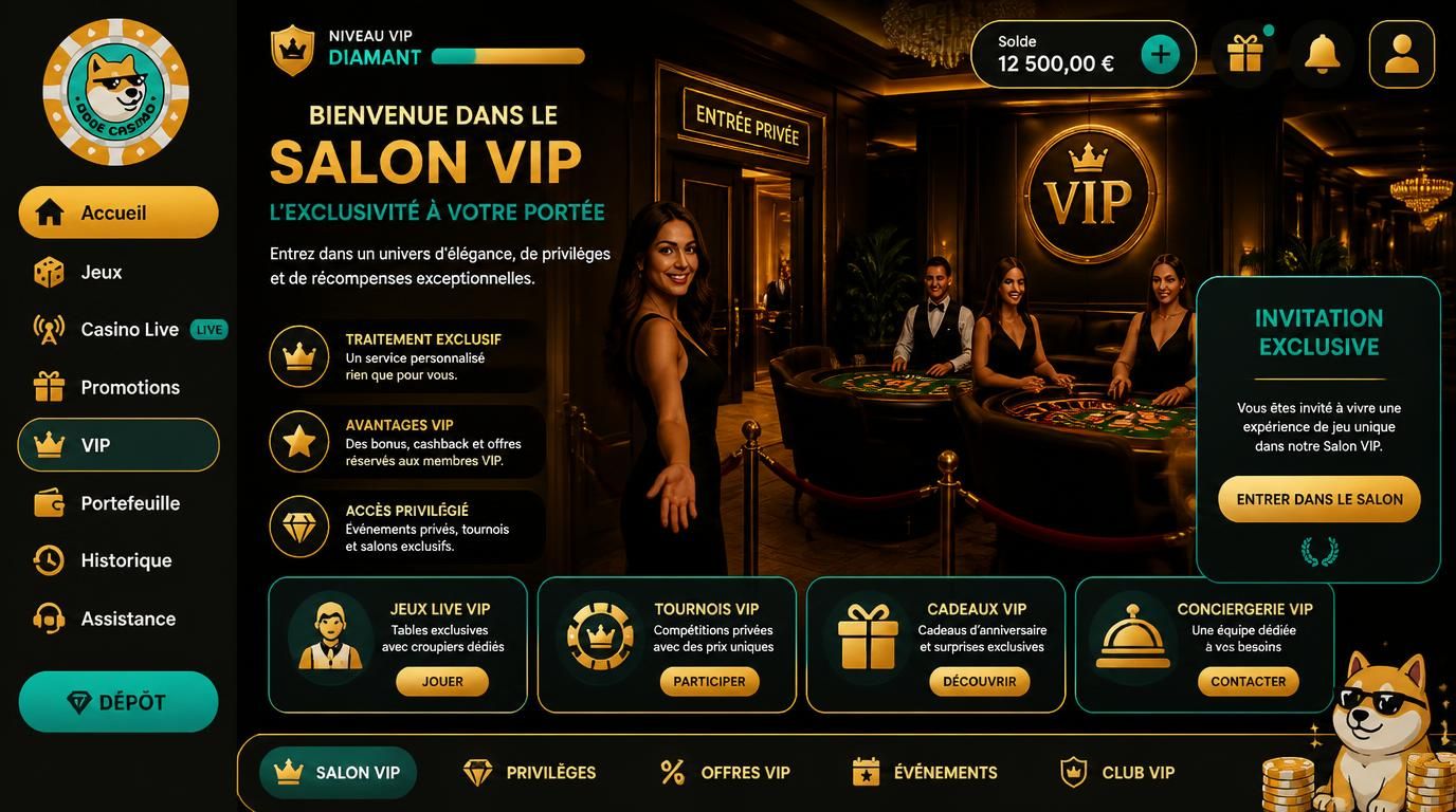 Salon VIP élégant avec badge invitation privée et tables en Live Casino