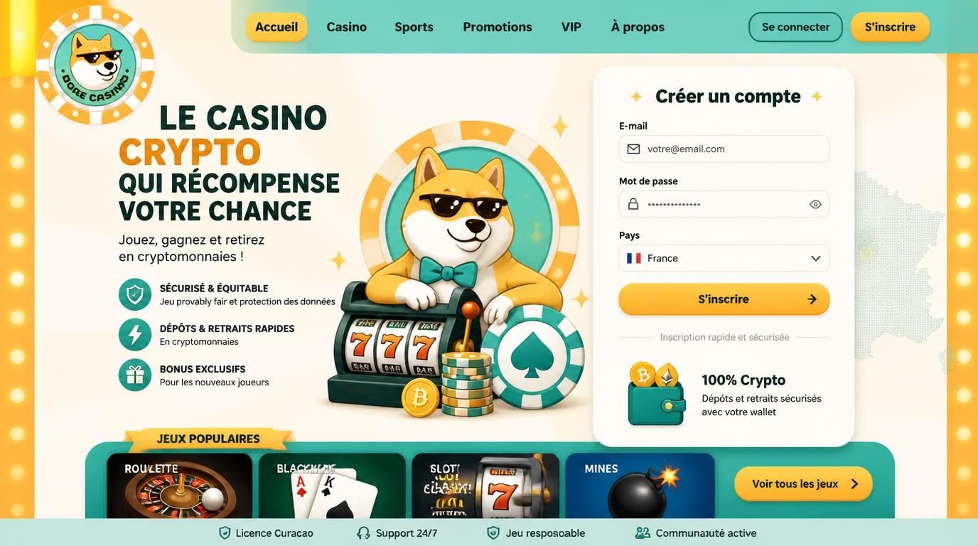 Interface d’inscription rapide sur Doge Casino avec formulaire centré et drapeau français