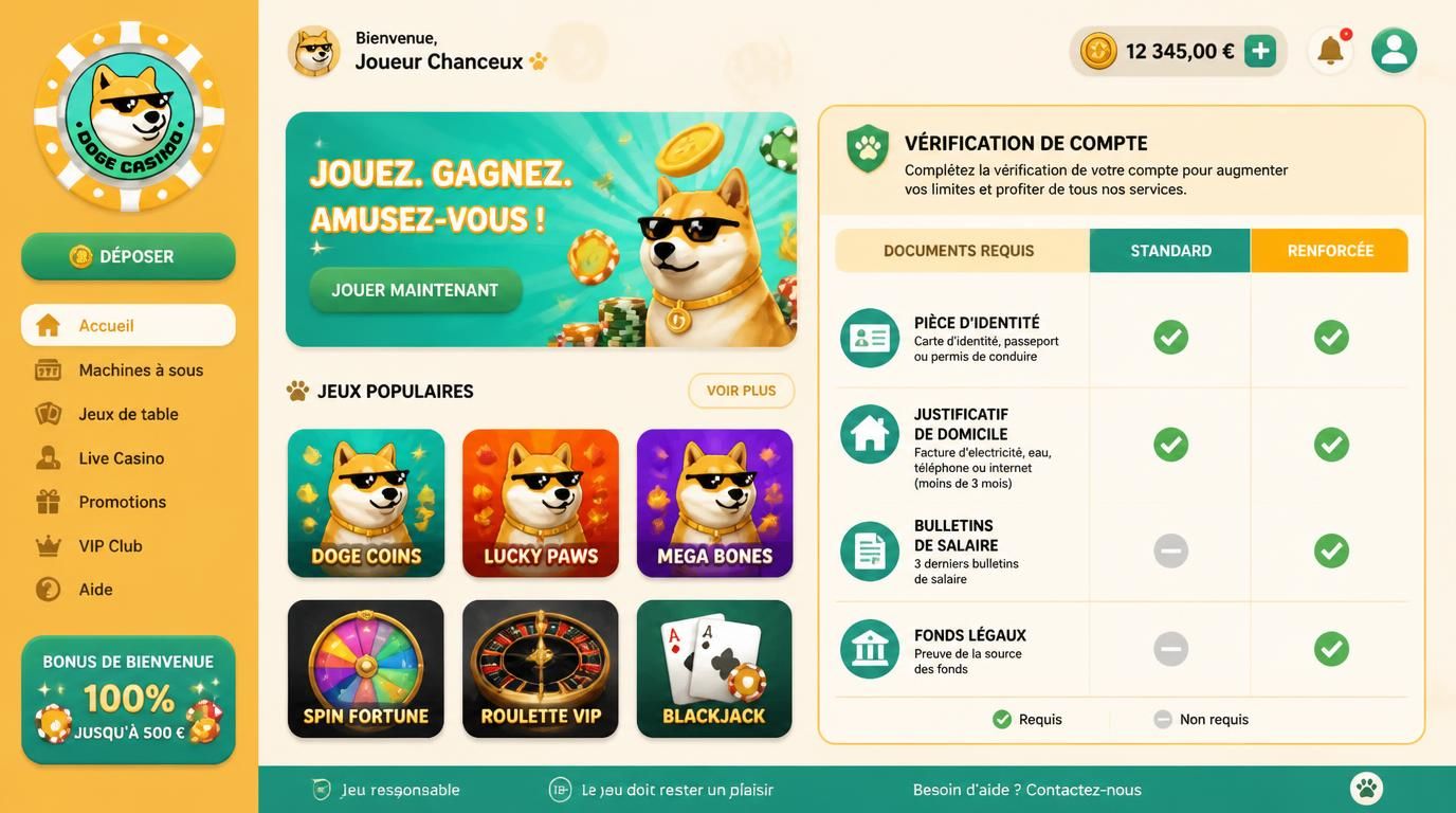 Illustration des niveaux de vérification KYC à Doge Casino standard et renforcé